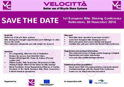 Save the date - VeloCitta conferenza europea sul bike sharing 30 Nov 2016