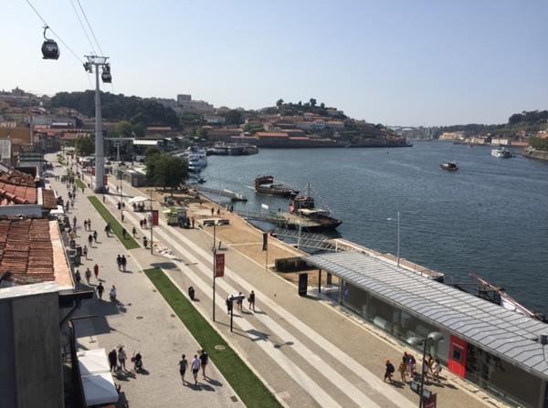 Aerial image of Porto, featuring the sea and a number of mobility options (pedestrians, public transport, etc.)