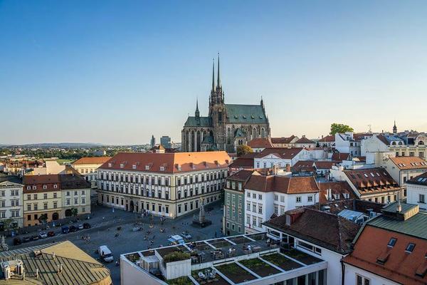 Panorama of Brno buildings and square