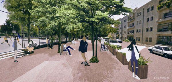 Artistic rendering of the Bak'a Green Path, with a pedestrian boulevard lined with trees