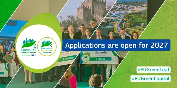 Visual showing applications for EU Green Leaf and EU Green Capital Awards 2027 now open