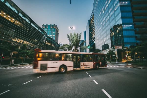 Bus in city at nighttime