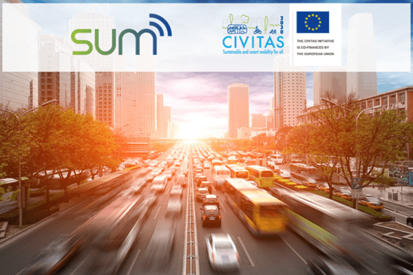 Picture of an 8-lane street full of fast-moving vehicles, with the SUM and CIVITAS logos.