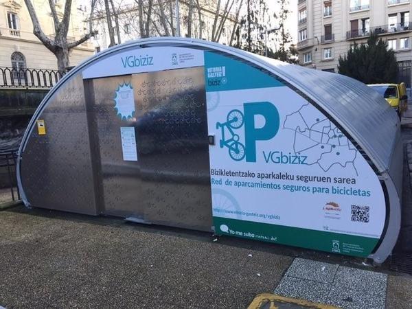 Image of an enclosed bicycle parking dome, branded with VGbiziz.