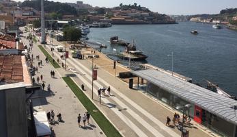 Aerial image of Porto, featuring the sea and a number of mobility options (pedestrians, public transport, etc.)