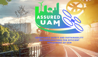 Image of drones in a city with the ASSURED-UAM logo in the foreground