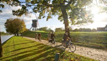People cycling in front of a setting sun on a cycling route in Bruges