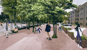Artistic rendering of the Bak'a Green Path, with a pedestrian boulevard lined with trees