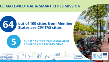 Image of bicycle parking with text that explains that 69 of the cities selected to be part of #MissionCities are CIVITAS cities