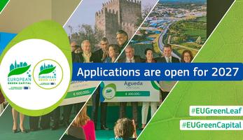 Visual showing applications for EU Green Leaf and EU Green Capital Awards 2027 now open