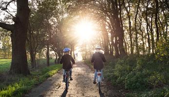 Two children biking along a forest path