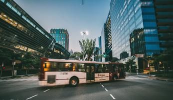 Bus in city at nighttime