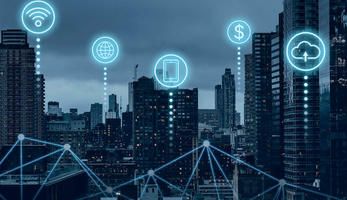 Cityscape with 2D digital icons in the sky representing the use of data in cities