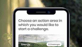 The user interface of the Climate Campaigners app on a smartphone. The user can choose from a variety of challenges in different categories such as energy, mobility, food or consumption.