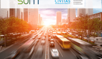 Picture of an 8-lane street full of fast-moving vehicles, with the SUM and CIVITAS logos.