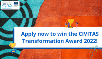 Painted urban wall with the text: "Apply now to win the CIVITAS Transformation Award 2022!"