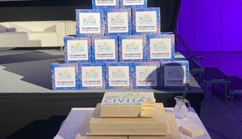 Celebratory CIVITAS cubes stacked in the background, and a three-tiered "20 Years of CIVITAS" cake in the foreground.