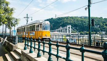 Tram in Budapest with the cityscape in the background